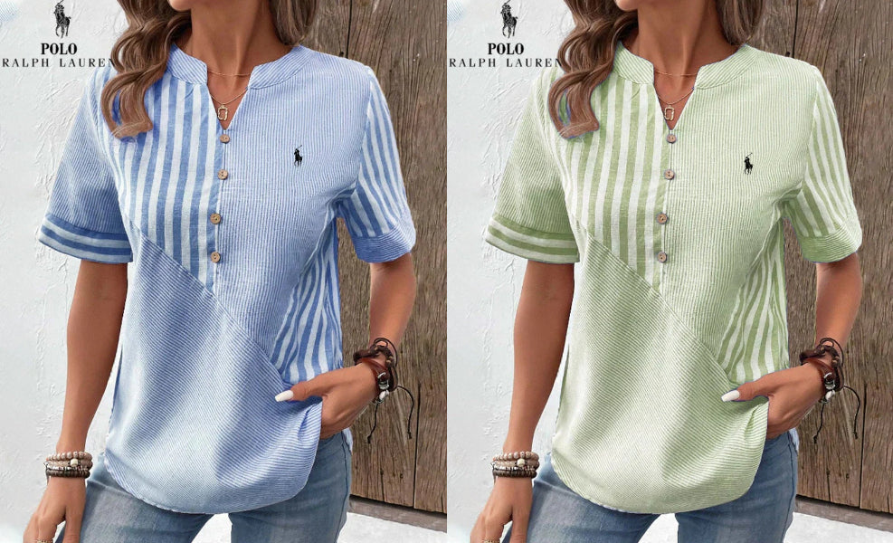 RALPH LAUREN - Hemd aus Baumwolle und Leinen mit asymmetrischen Streifen und V-Ausschnitt