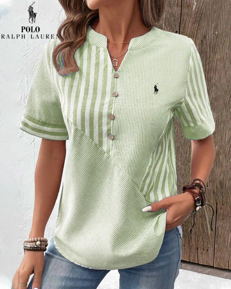 RALPH LAUREN - Hemd aus Baumwolle und Leinen mit asymmetrischen Streifen und V-Ausschnitt