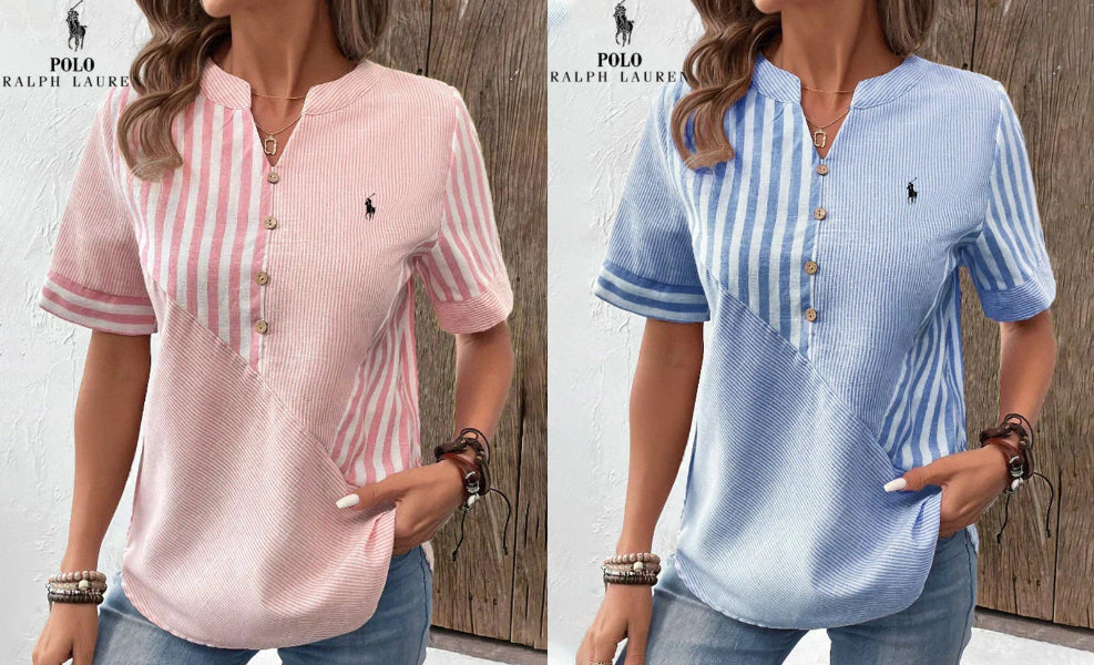 RALPH LAUREN - Hemd aus Baumwolle und Leinen mit asymmetrischen Streifen und V-Ausschnitt